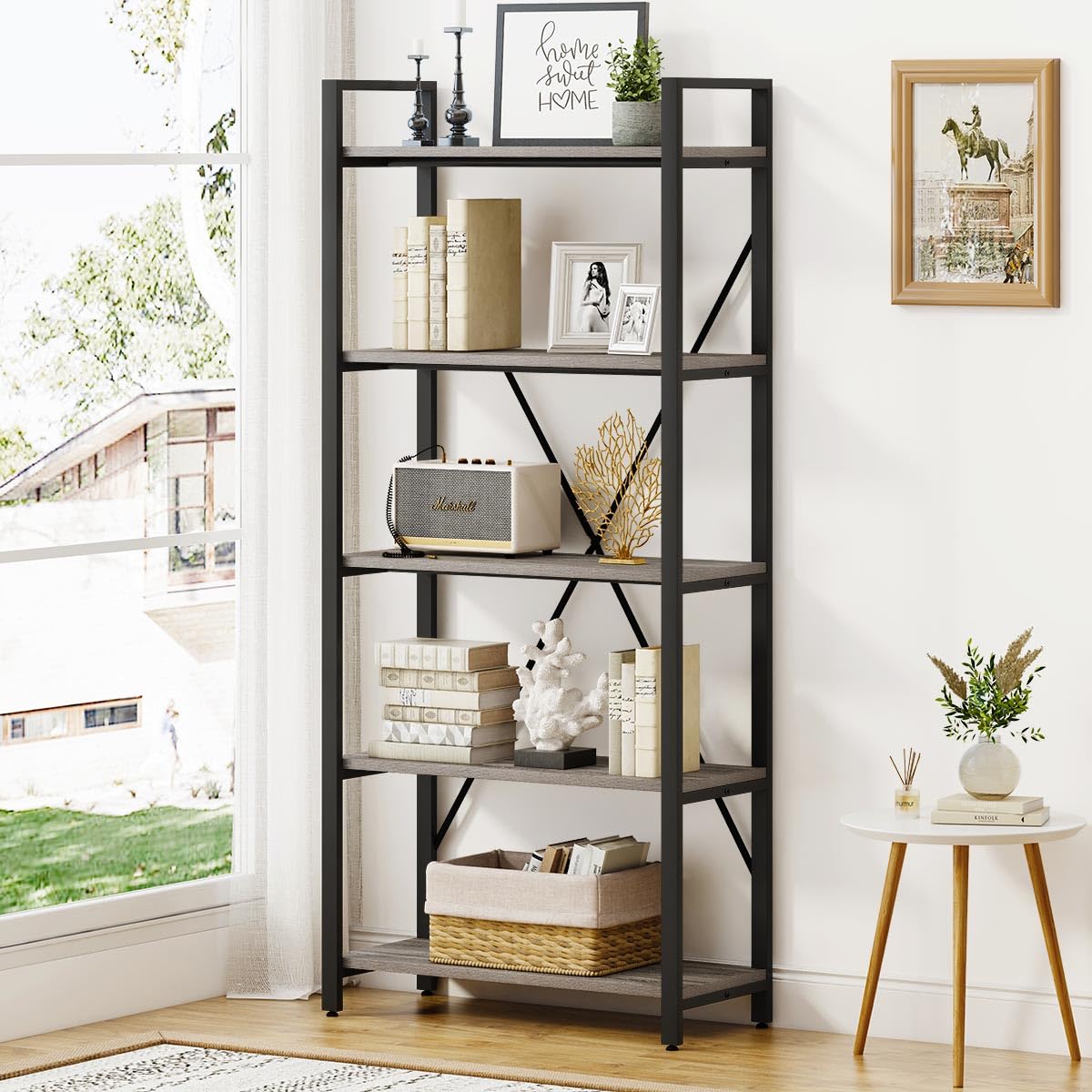 5 Tier Grey Wood and Metal Bookshelf X1403