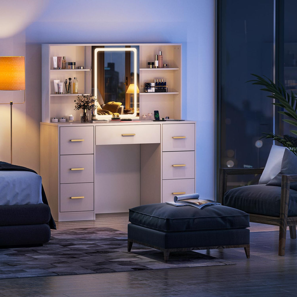 47'' White Vanity Desk with Mirror and Lights, 7 Drawers, 8 Storage Shelves A14197