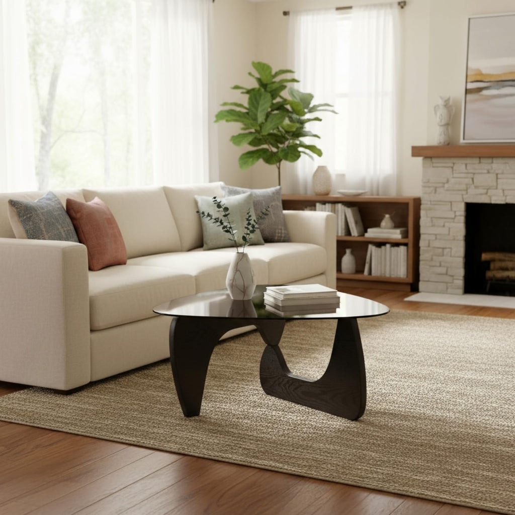 Modern Triangle Glass Coffee Table with Wood Base J277181