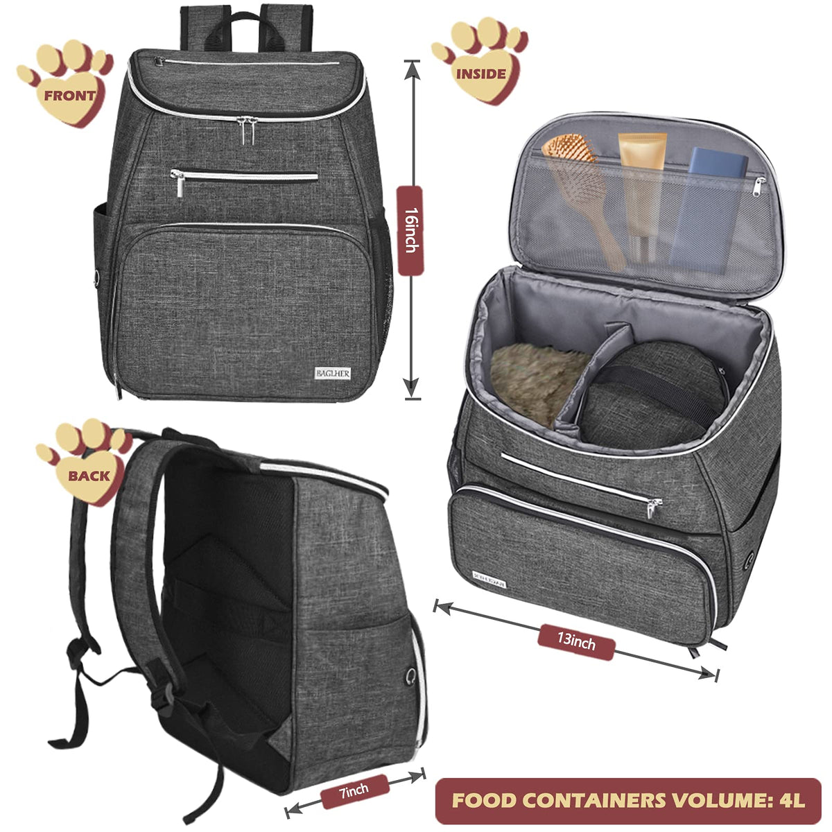 Dog Travel Bag Backpack with 2 Silicone Collapsible Bowls and 2 Food Baskets Grey O30009
