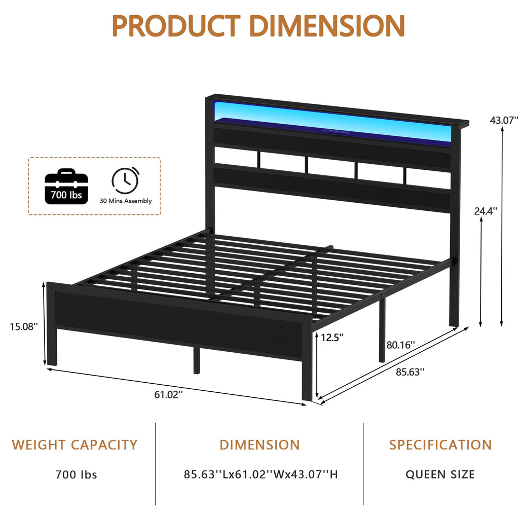 Queen Bed Frame with Storage Headboard and LED Lights N38898