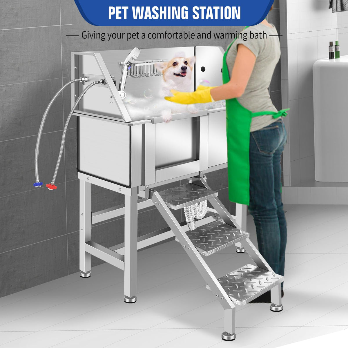 34 Inch Stainless Steel Dog Grooming Bathtub with Anti-Slip Stairs U65485