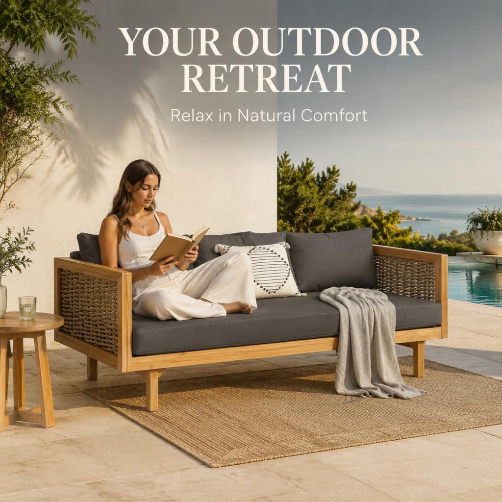 Acacia Wood 3-Seater Patio Sofa with Cushions D511472