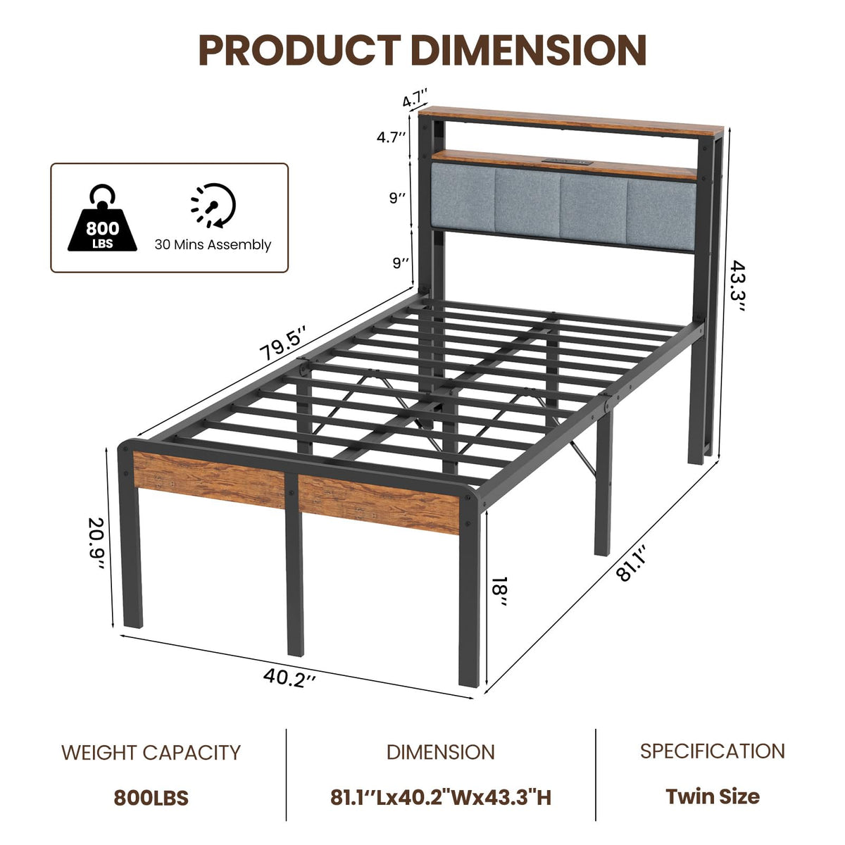 Twin Bed Frame with 18-Inch Under-Bed Storage and RGB LED Lights W496