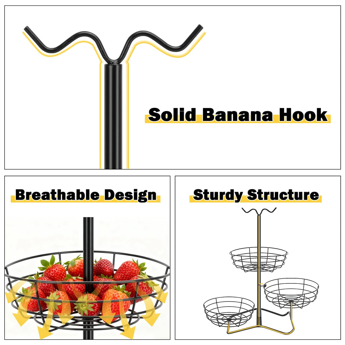 3 Tier Fruit Basket Bowl with 2 Banana Hooks C74912