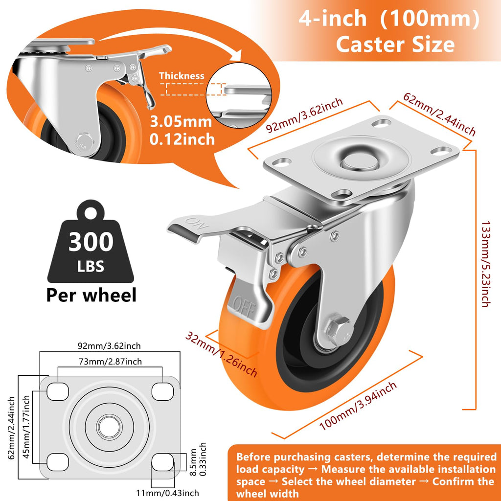 4" Heavy Duty Swivel Caster Wheels Set of 4 with Dual Locking B254