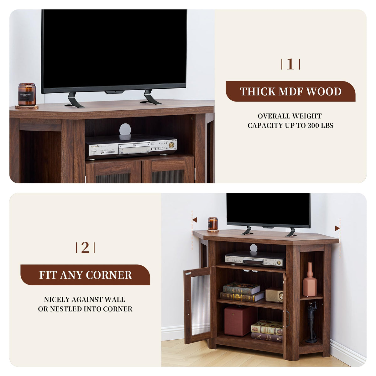 Corner TV Stand for TVs up to 48 Inch with Storage Shelves and 2 Doors M93324