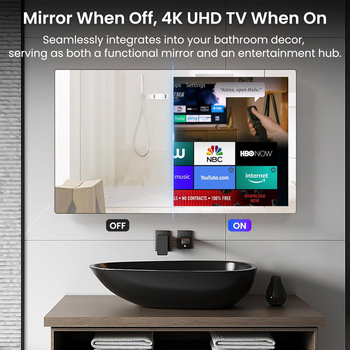32" 4K Ultra HD Smart Bathroom Mirror TV, IP66 Waterproof, Wall Mounted J17648