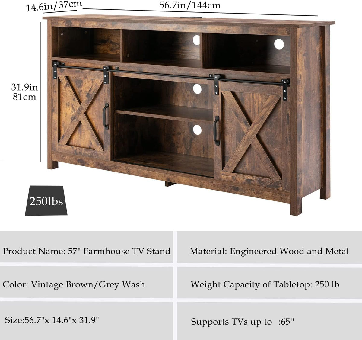 57In Wooden Farmhouse TV Stand with Sliding Barn Door K78396