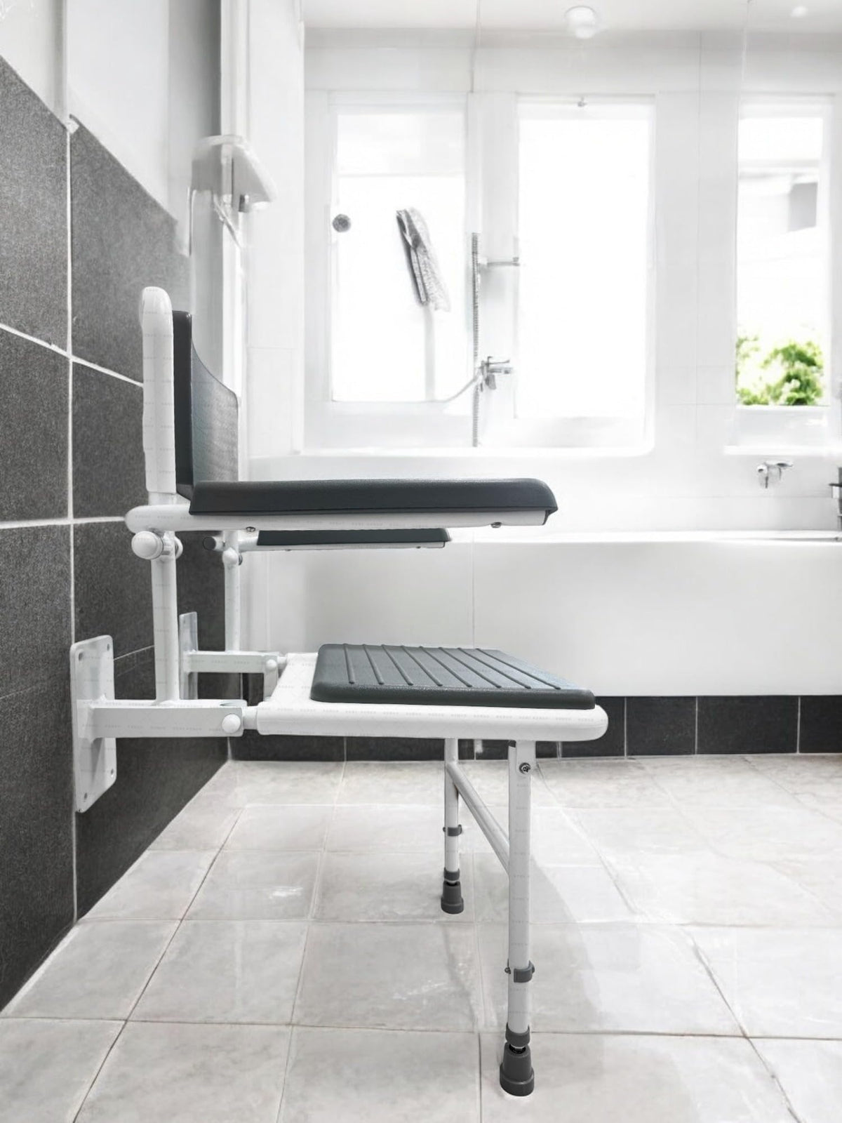 Wall Mounted Foldable Shower Seat with Folding Padded Arms, Back & Seat, Adjustable Height U882856