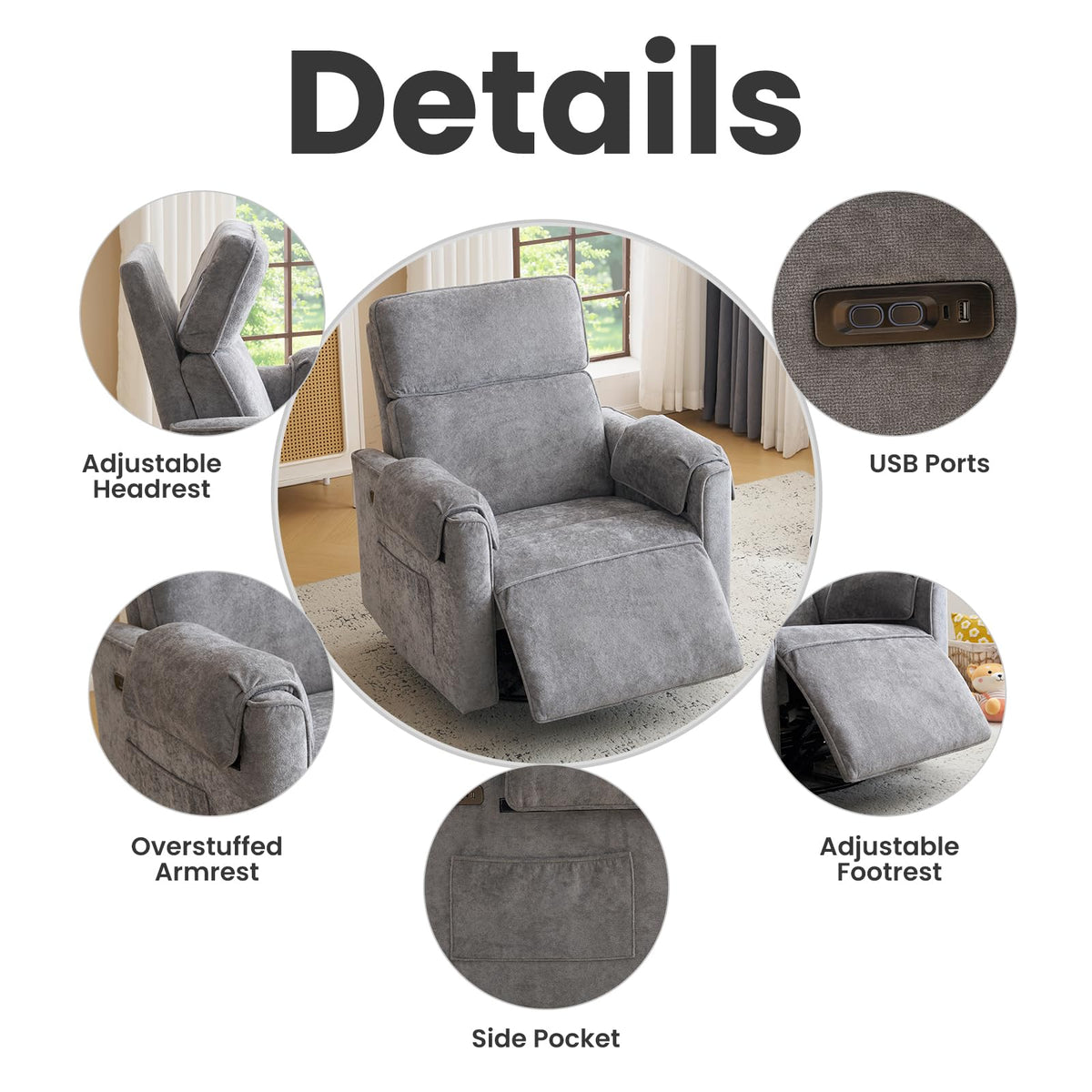 Oversized Swivel Rocking Recliner Chair with USB Ports, Grey D656041