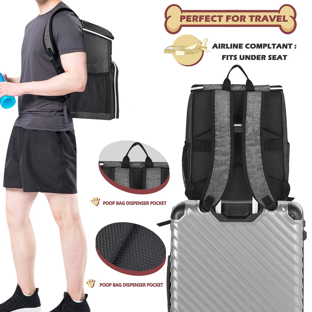 Dog Travel Bag Backpack with 2 Silicone Collapsible Bowls and 2 Food Baskets Grey O30009