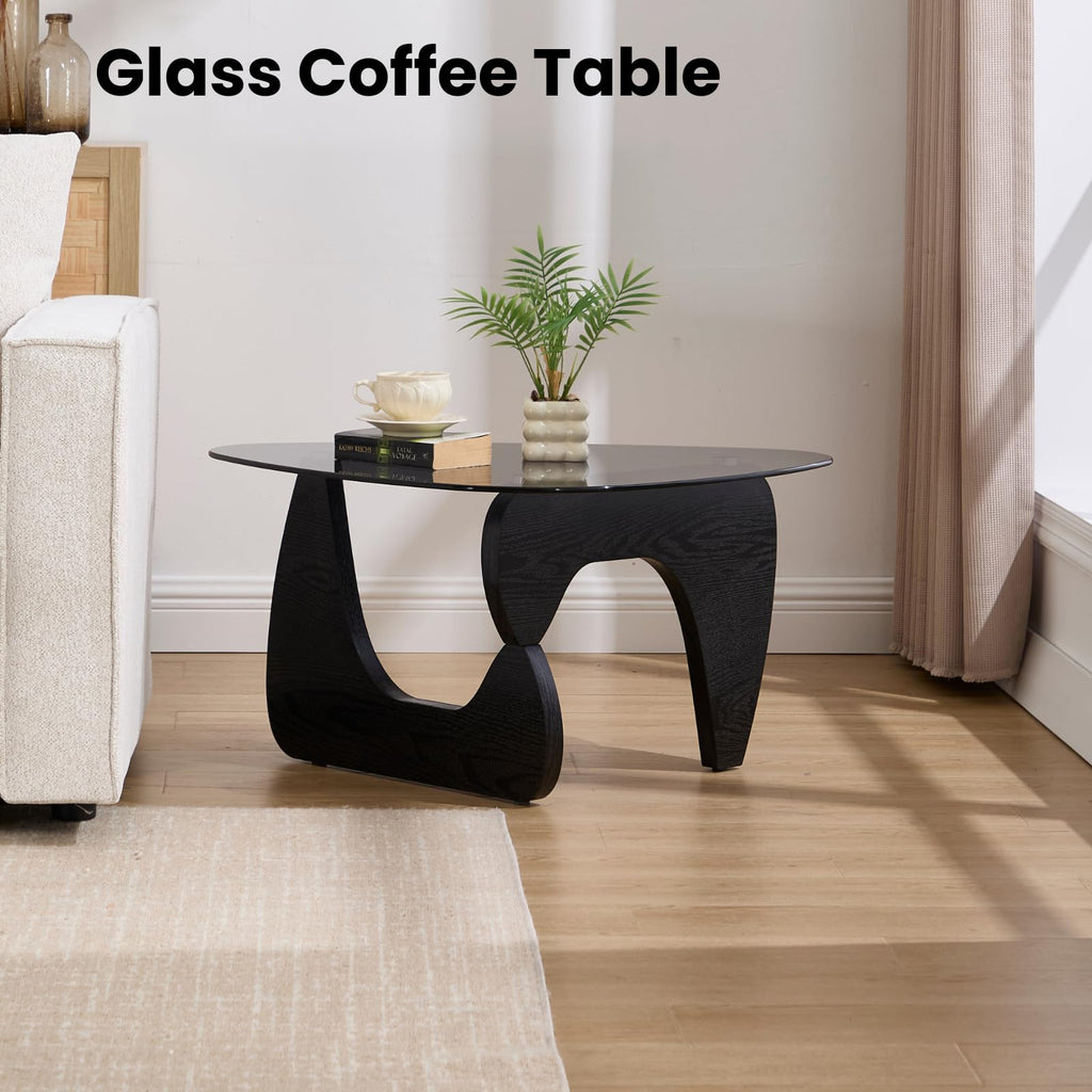 Modern Triangle Glass Coffee Table with Wood Base J277181
