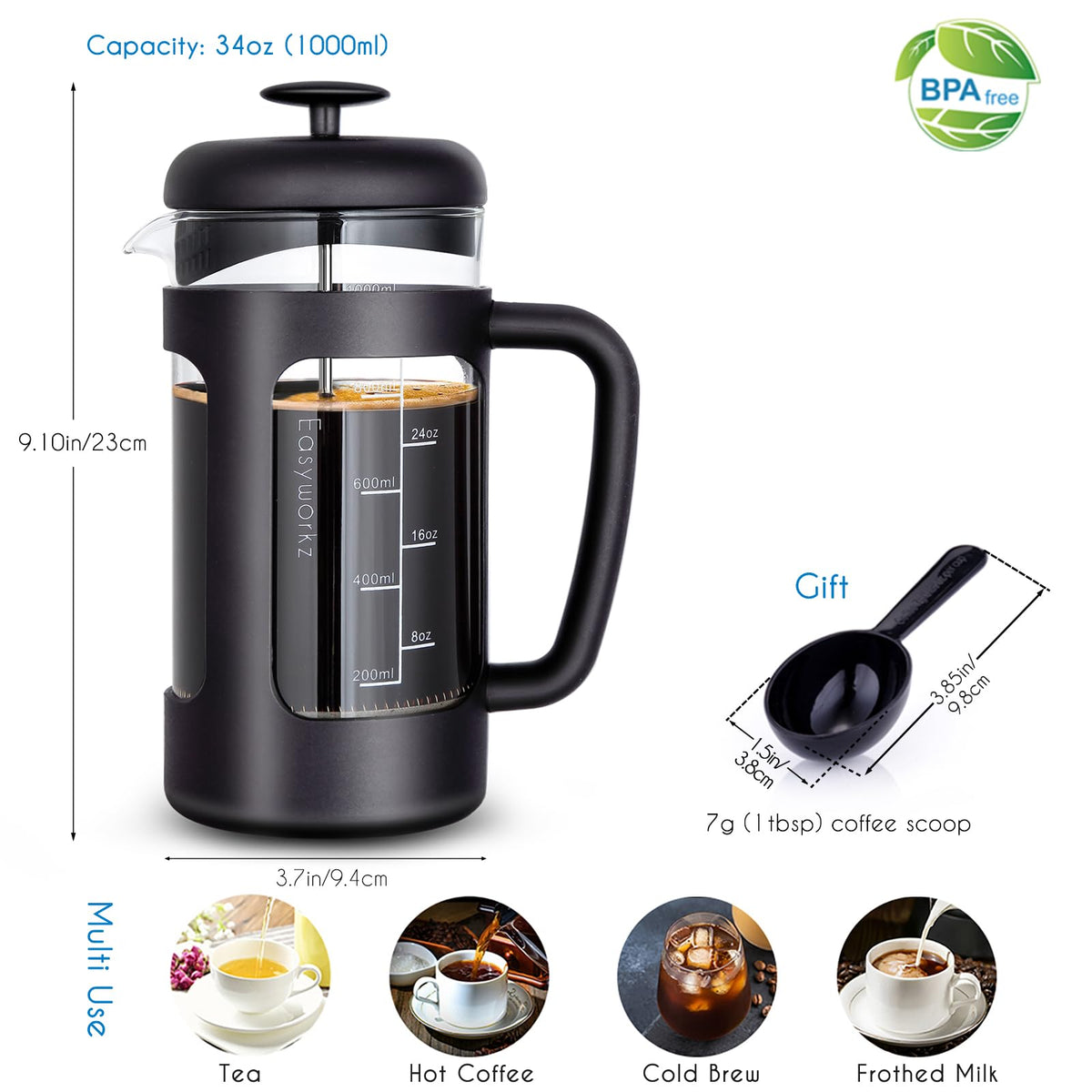 French Press and Gooseneck Pour Over Coffee Kettle 34 oz 12 oz Stainless Steel Silver S995311