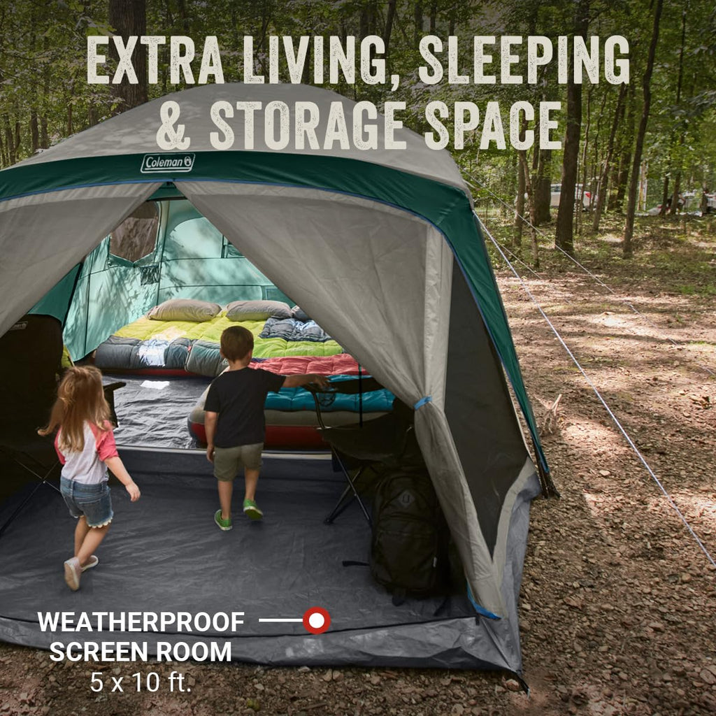 Camping Tent with Rainfly & Screened Porch, Weatherproof Family Tent Fits 4 Queen-Sized Airbeds P279643