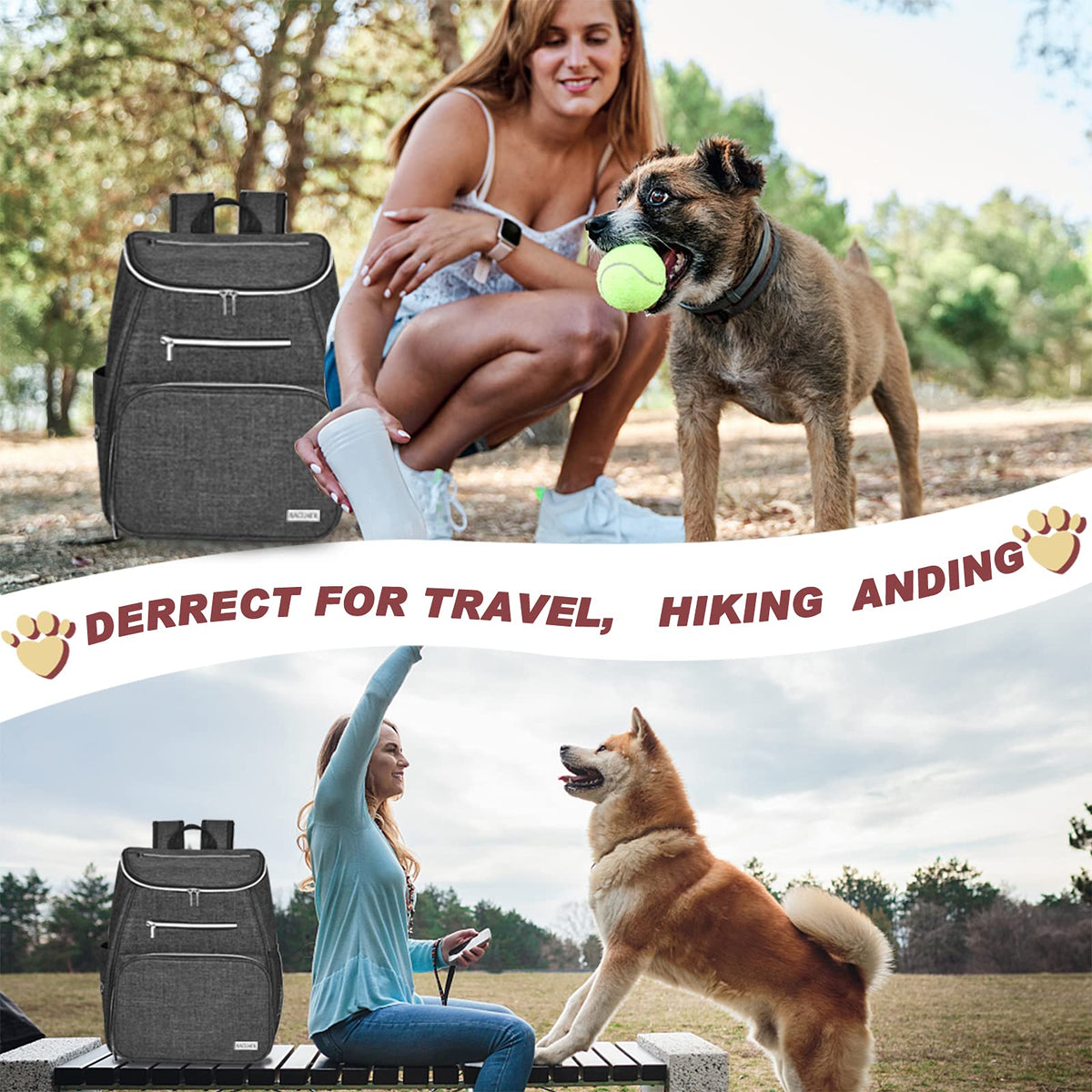 Dog Travel Bag Backpack with 2 Silicone Collapsible Bowls and 2 Food Baskets Grey O30009