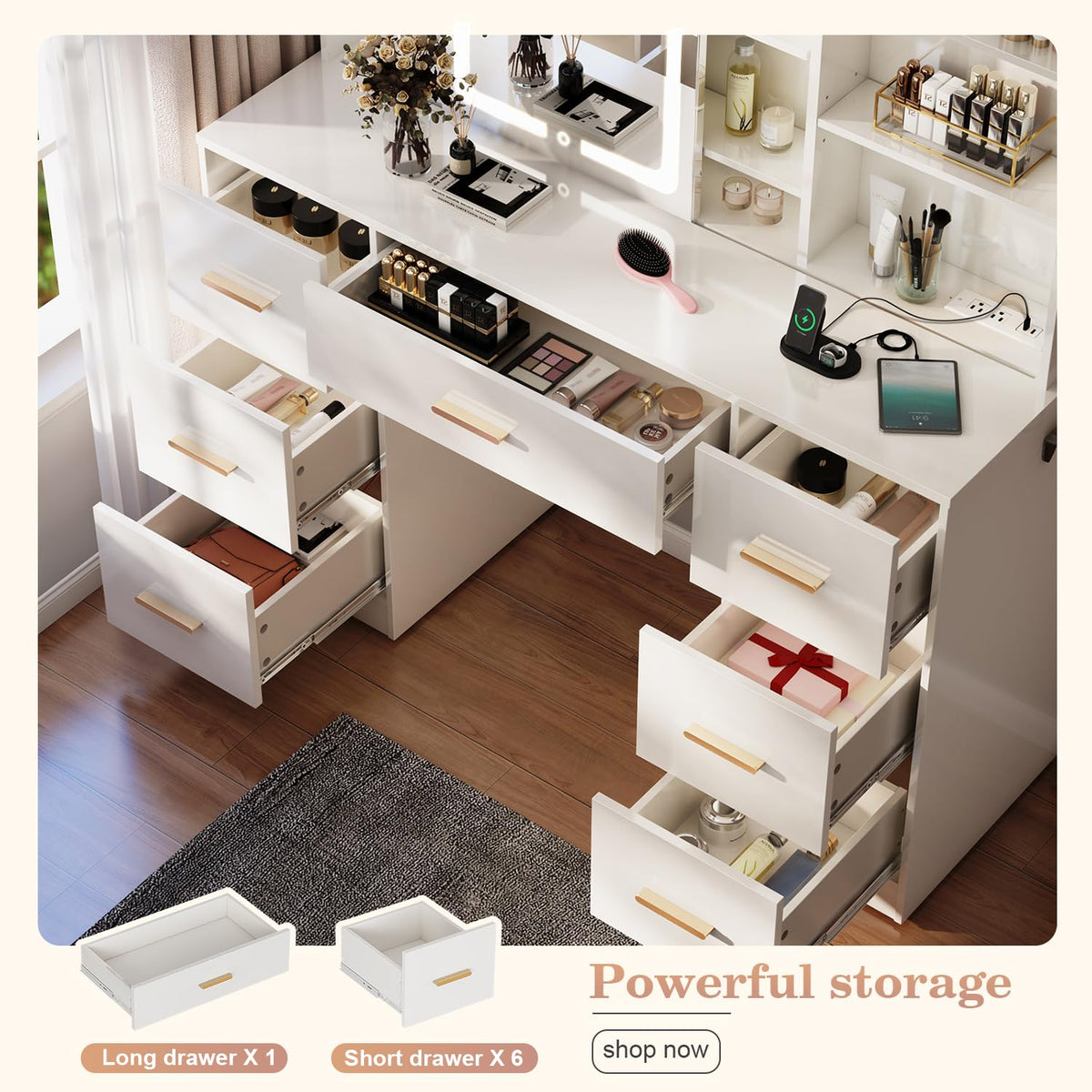 47'' White Vanity Desk with Mirror and Lights, 7 Drawers, 8 Storage Shelves A14197
