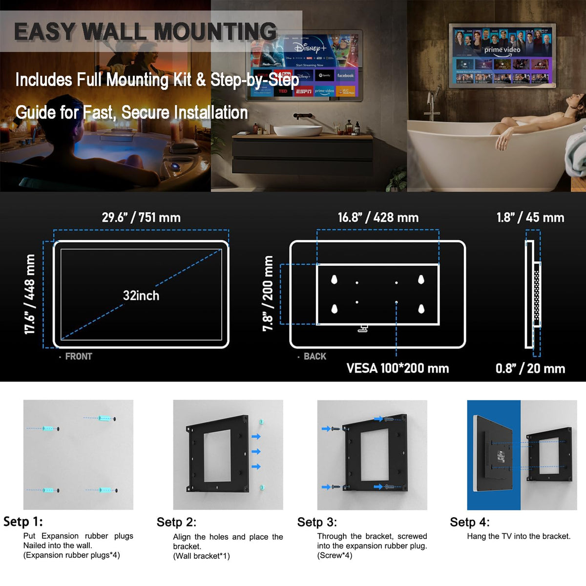 32" 4K Ultra HD Smart Bathroom Mirror TV, IP66 Waterproof, Wall Mounted J17648