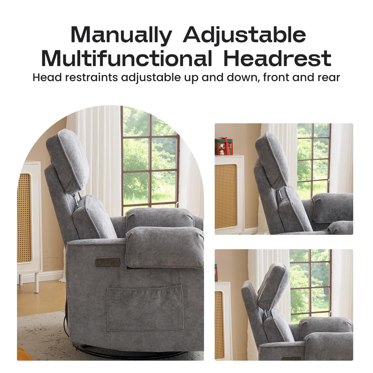 Oversized Swivel Rocking Recliner Chair with USB Ports, Grey D656041