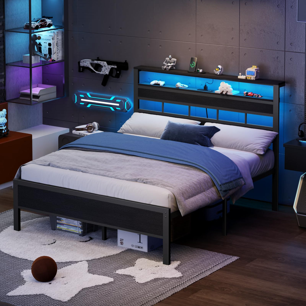 Queen Bed Frame with Storage Headboard and LED Lights N38898