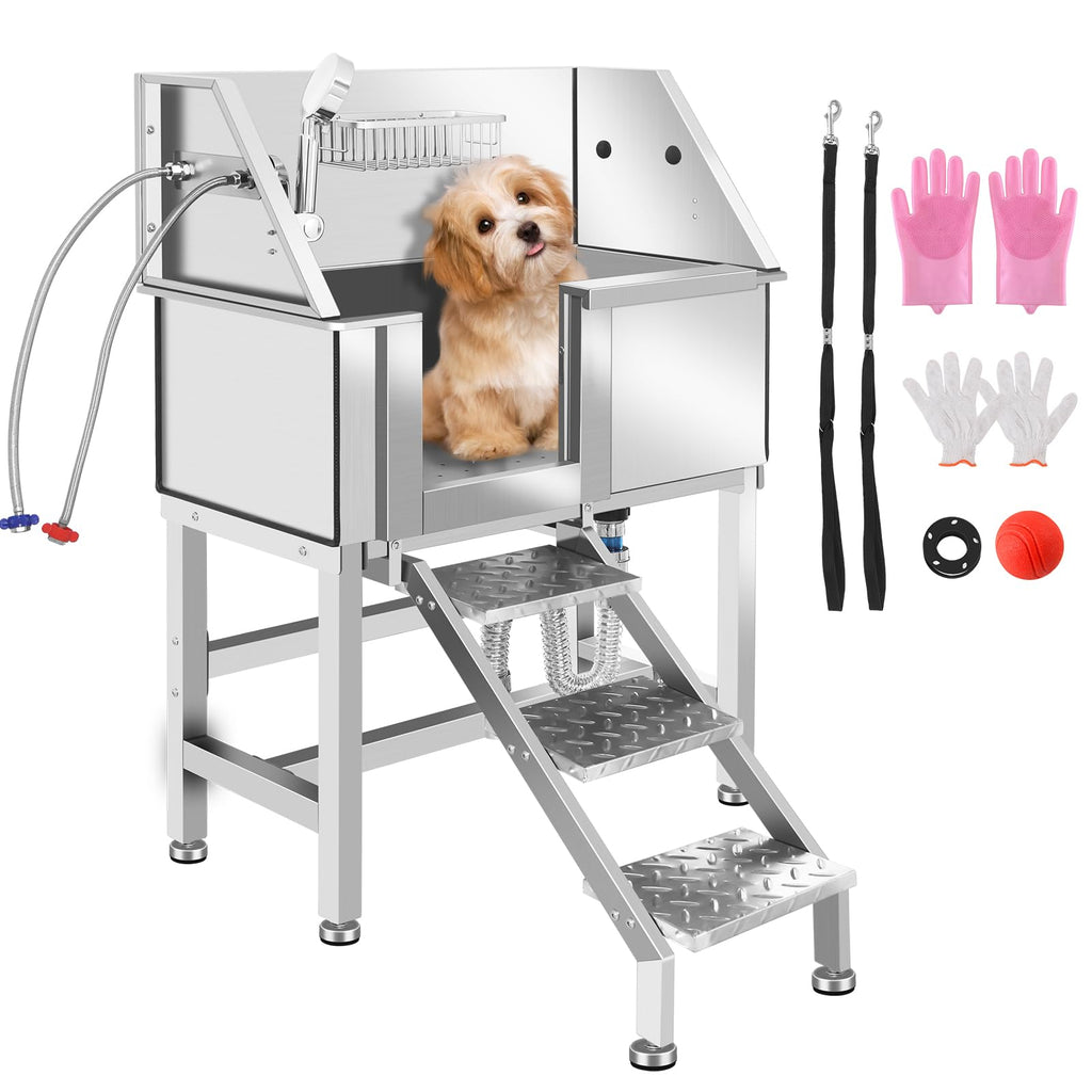 34 Inch Stainless Steel Dog Grooming Bathtub with Anti-Slip Stairs U65485