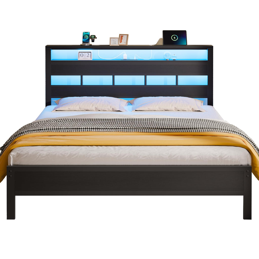 Queen Bed Frame with Storage Headboard and LED Lights N38898