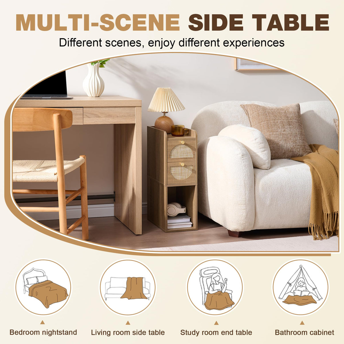 Narrow Rattan Wood Nightstand with 2 Drawers F3641