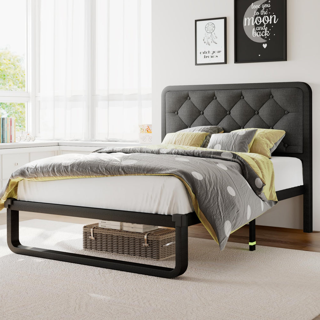 Twin Metal Platform Bed Frame with Linen Upholstered Headboard B340