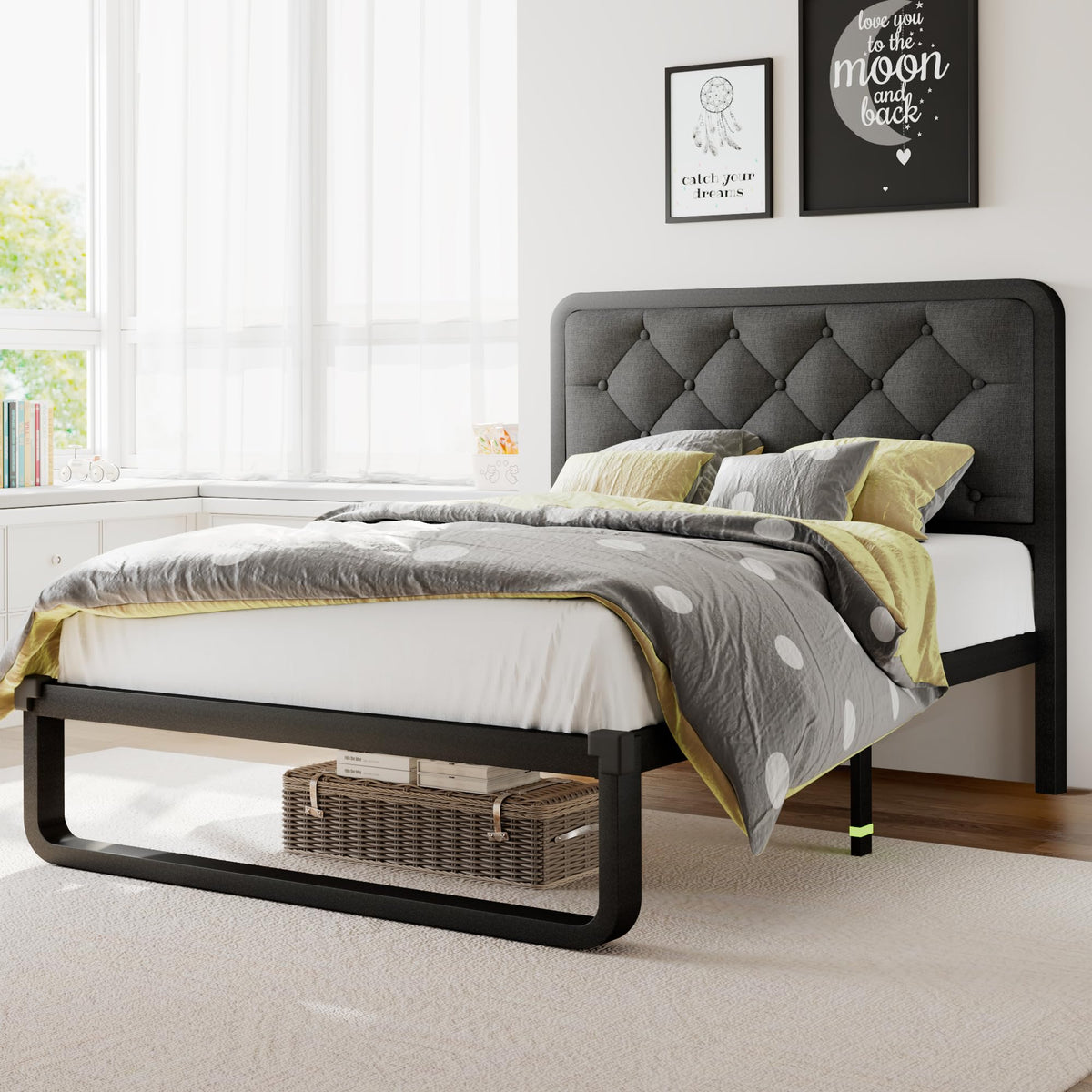 Twin Metal Platform Bed Frame with Linen Upholstered Headboard B340