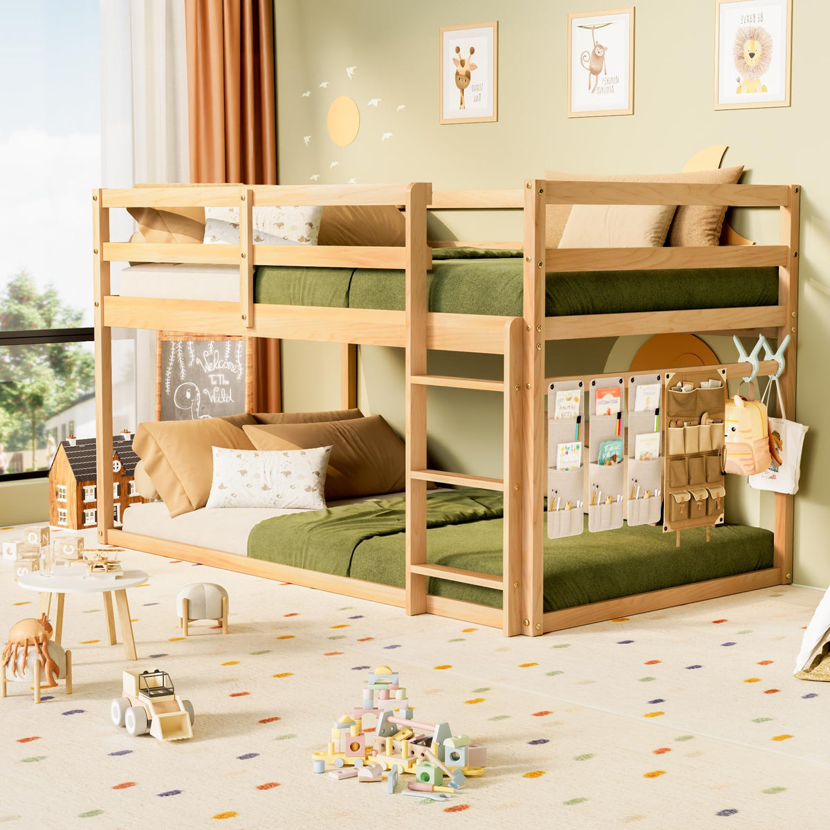 Twin Over Twin Low Bunk Bed with Ladder and Guardrails L32304