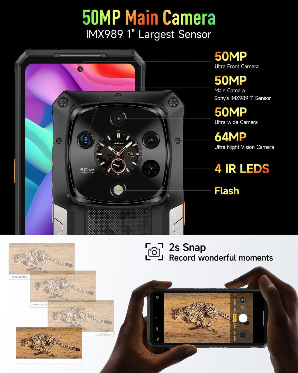 5G AI Rugged Phone, 32GB+1TB/2TB Expansion, 6.67" Dual Screen, 64MP+50MP+50MP Camera, 120W, IP68/IP69K, Android 15 F79582