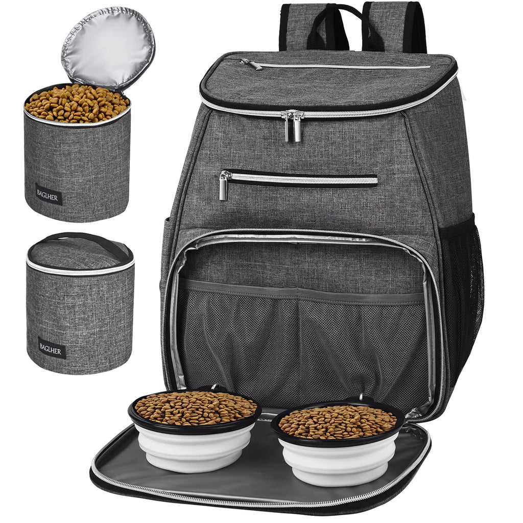 Dog Travel Bag Backpack with 2 Silicone Collapsible Bowls and 2 Food Baskets Grey O30009