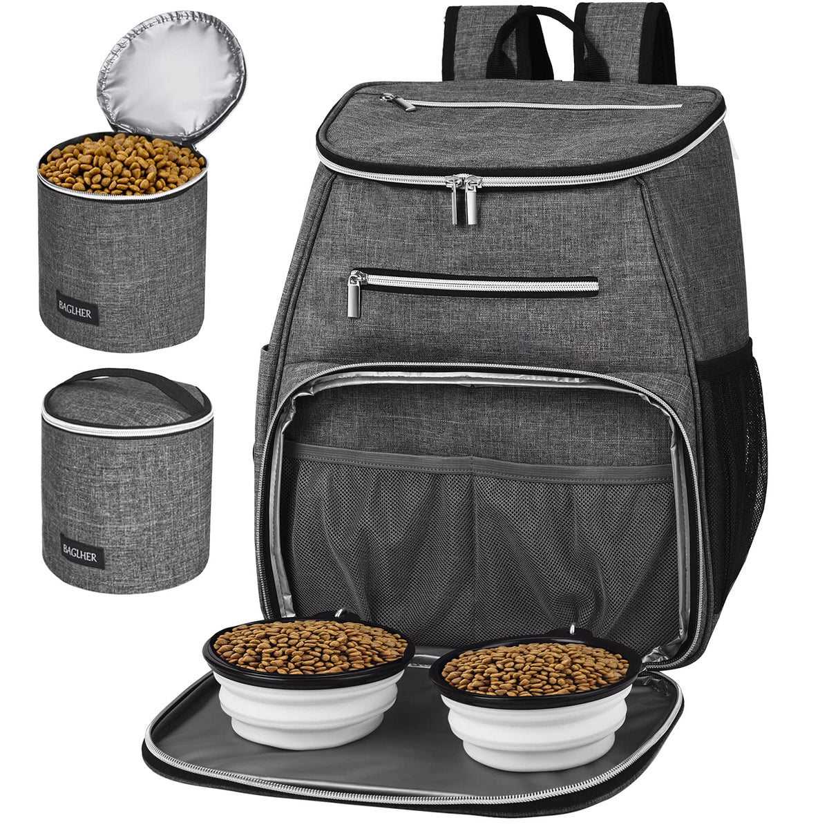 Dog Travel Bag Backpack with 2 Silicone Collapsible Bowls and 2 Food Baskets Grey O30009