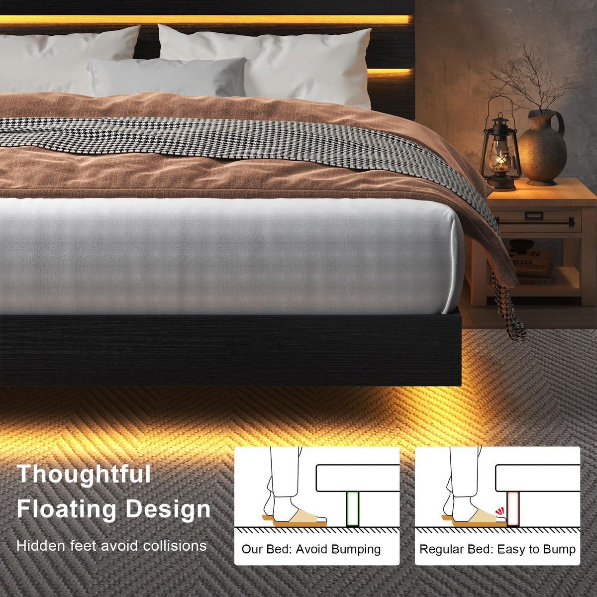 Black Queen Size Floating Bed Frame with Storage Headboard U3559