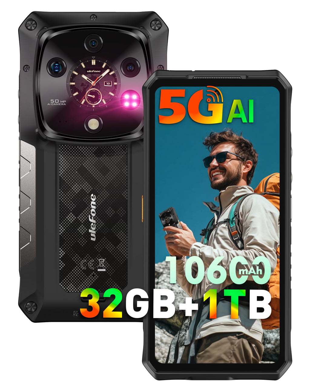 5G AI Rugged Phone, 32GB+1TB/2TB Expansion, 6.67" Dual Screen, 64MP+50MP+50MP Camera, 120W, IP68/IP69K, Android 15 F79582