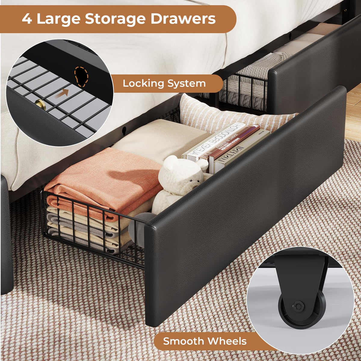 Black Full Size Upholstered Platform Bed Frame with Bookcase Headboard and 4 Drawers M80679
