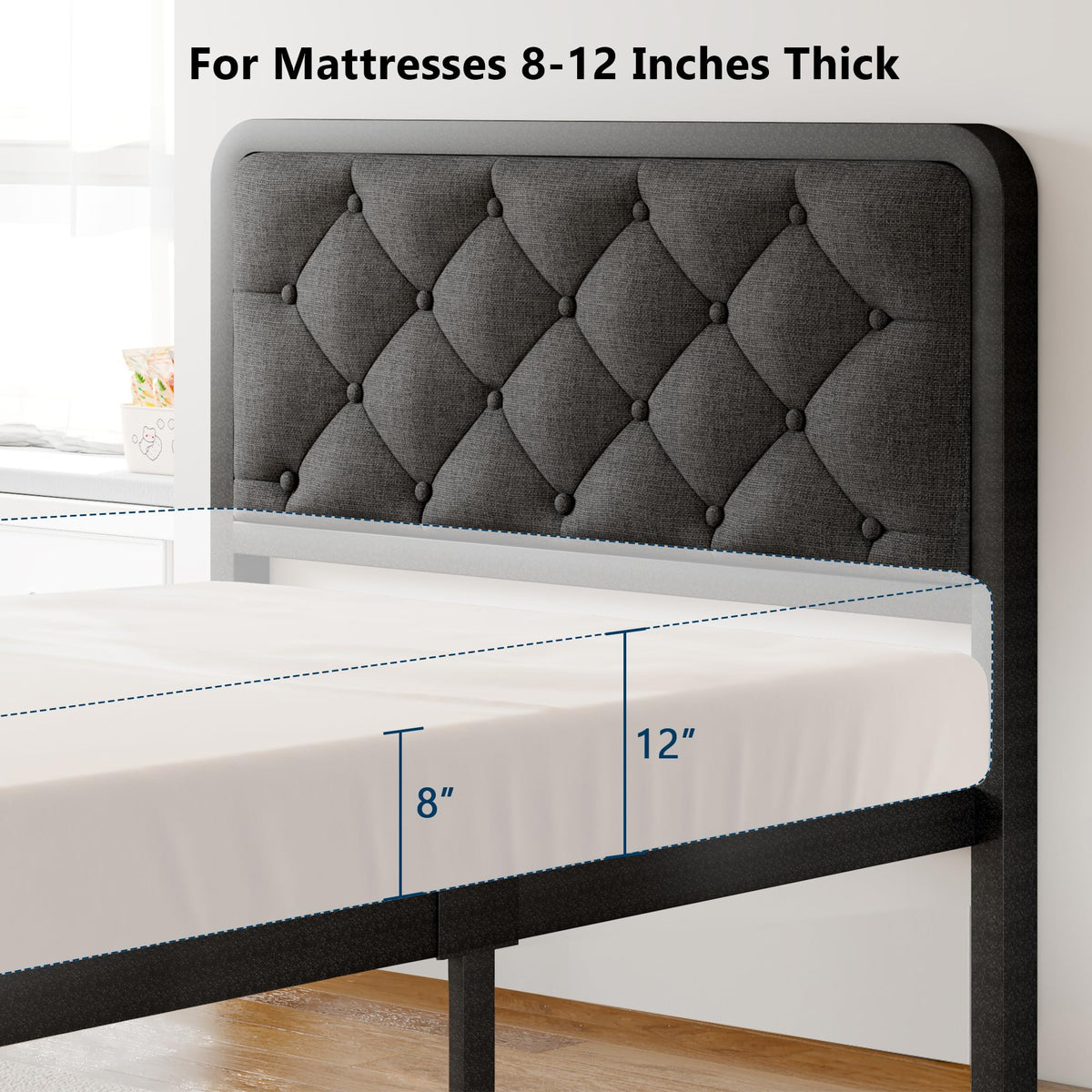 Twin Metal Platform Bed Frame with Linen Upholstered Headboard B340