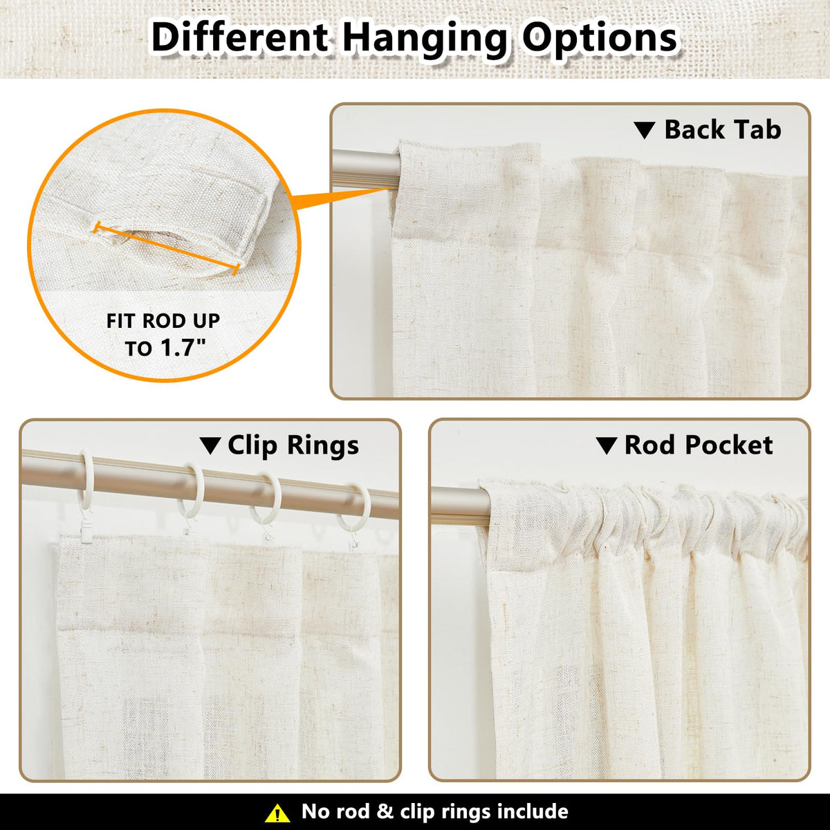 90 Inches Long Semi Sheer Linen Curtains, 2 Panels N322