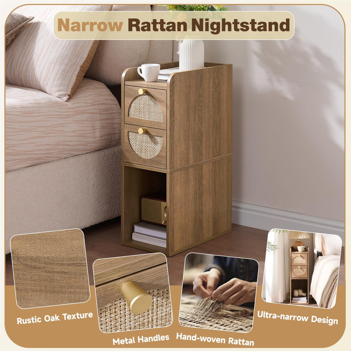 Narrow Rattan Wood Nightstand with 2 Drawers F3641