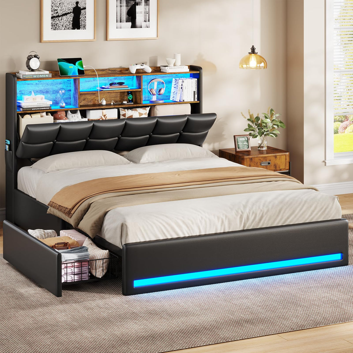 Black Full Size Upholstered Platform Bed Frame with Bookcase Headboard and 4 Drawers M80679