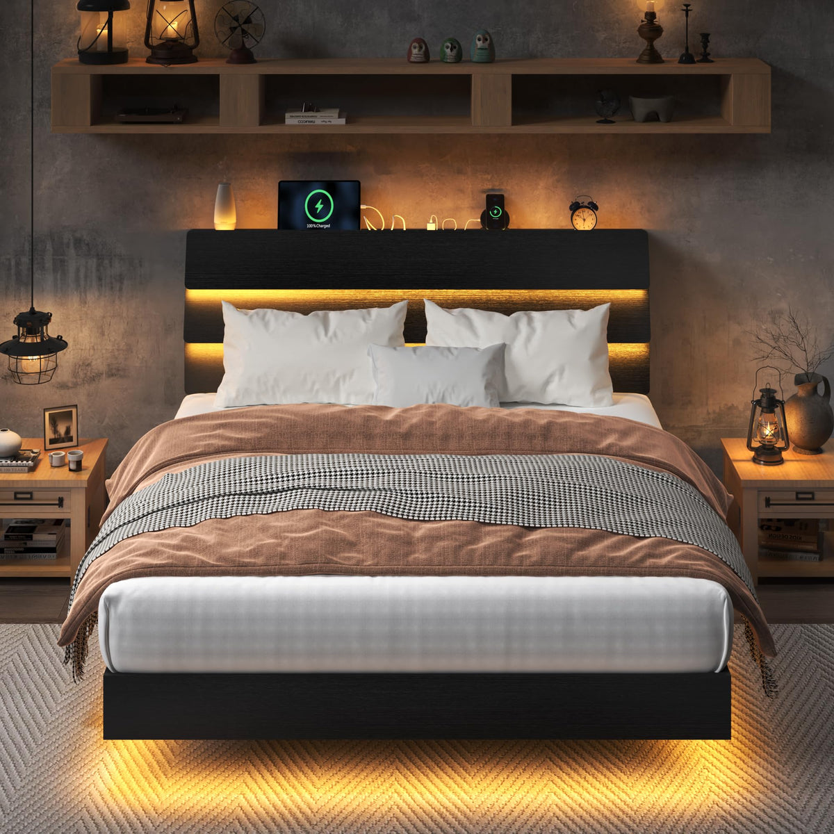 Black Queen Size Floating Bed Frame with Storage Headboard U3559