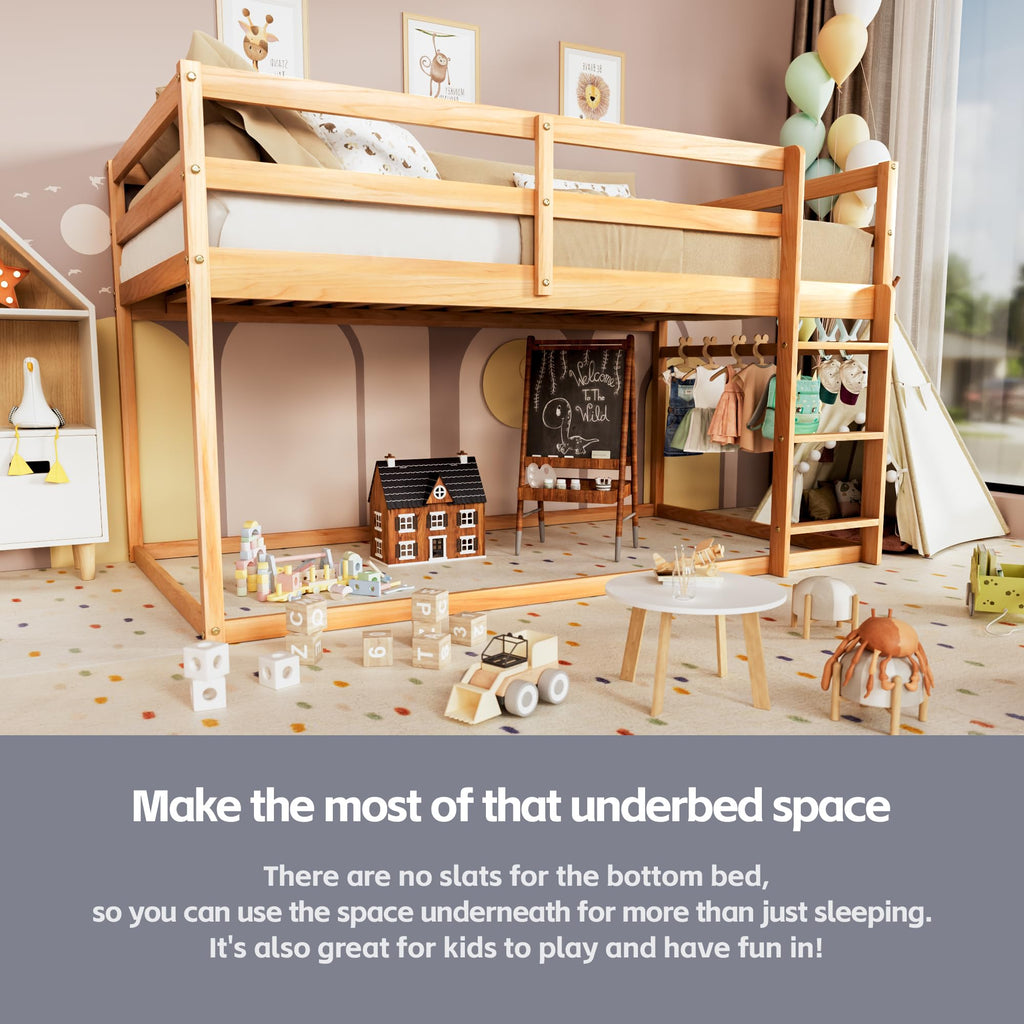 Twin Over Twin Low Bunk Bed with Ladder and Guardrails L32304