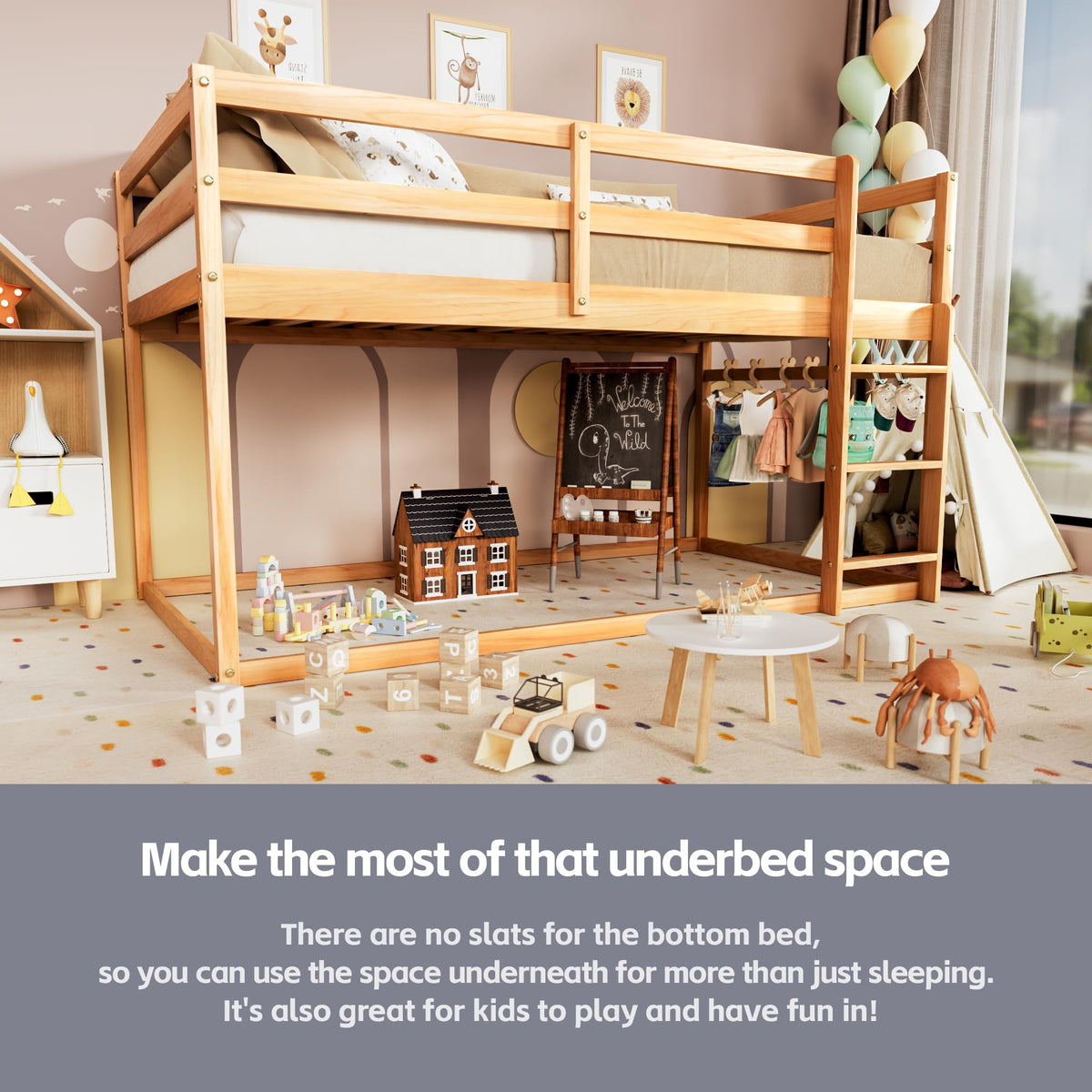 Twin Over Twin Low Bunk Bed with Ladder and Guardrails L32304