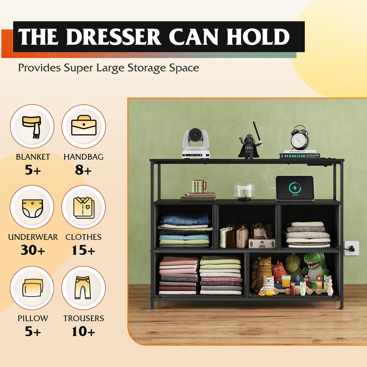 Black 5 Drawer Fabric Dresser N71956