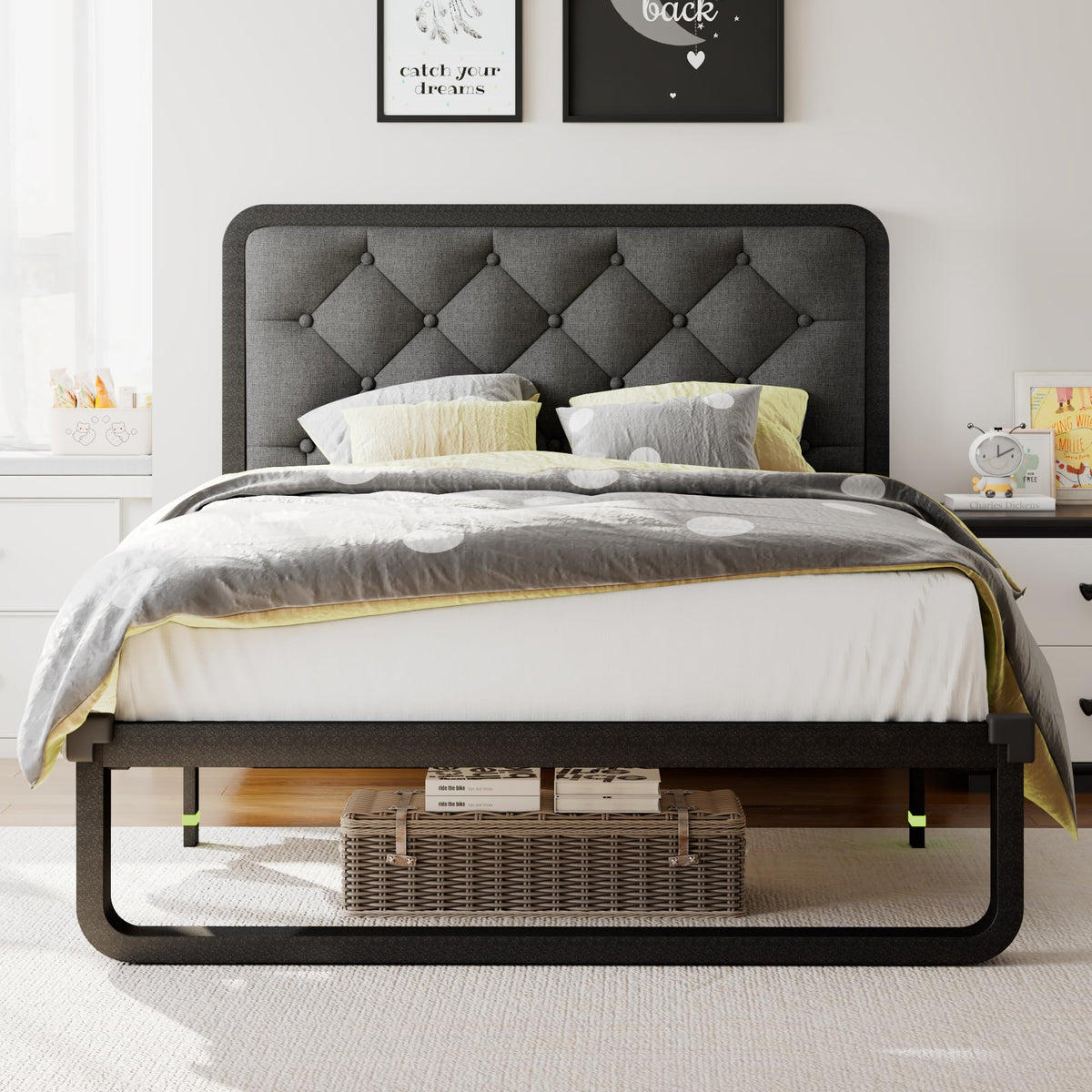 Twin Metal Platform Bed Frame with Linen Upholstered Headboard B340