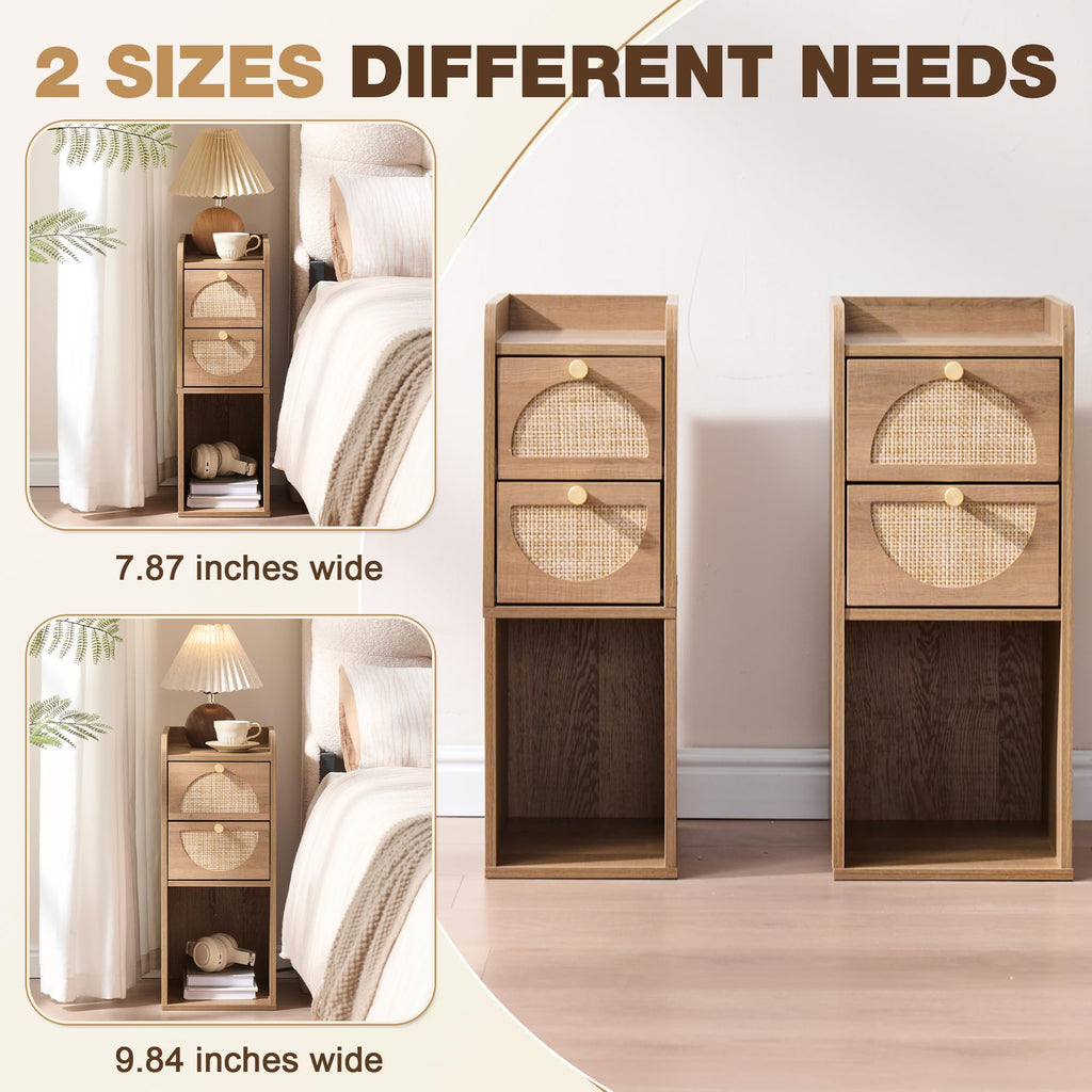 Narrow Rattan Wood Nightstand with 2 Drawers F3641