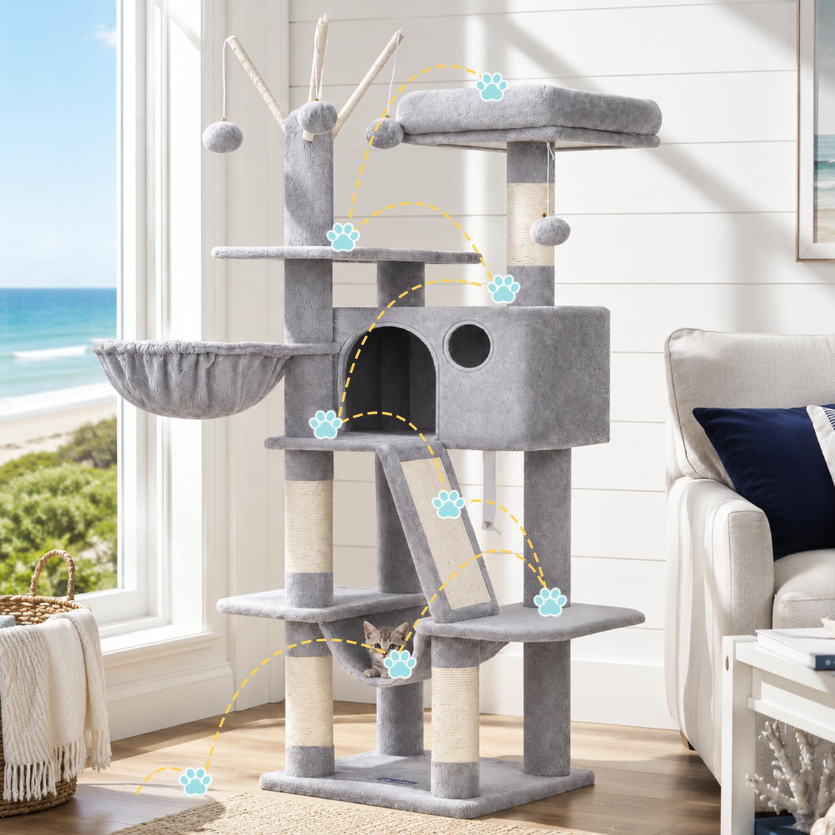 Cat Tree Tower with Padded Platform Bed, Hammock B49754