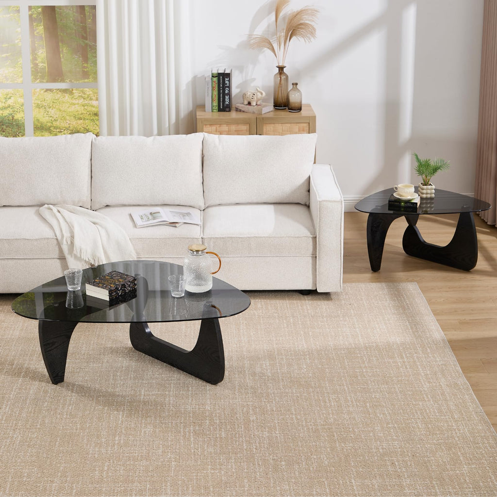Modern Triangle Glass Coffee Table with Wood Base J277181
