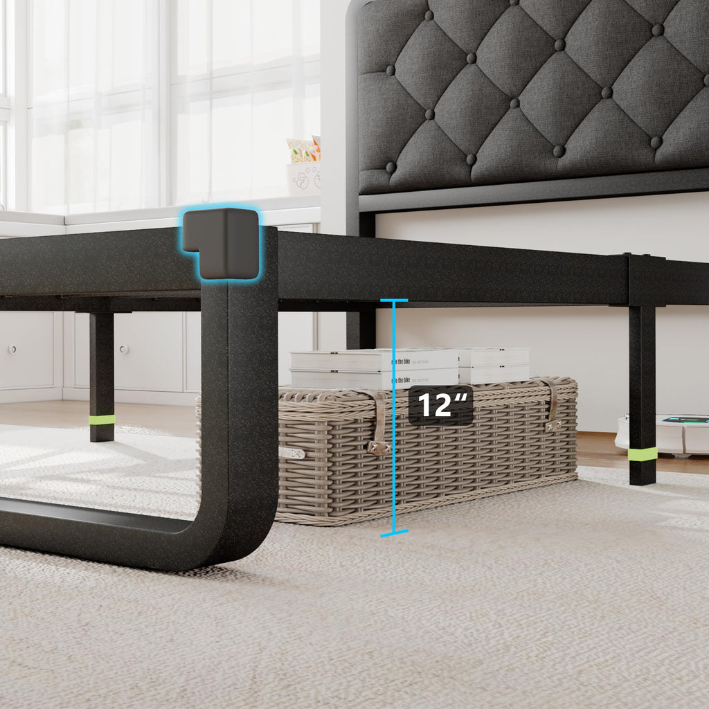 Twin Metal Platform Bed Frame with Linen Upholstered Headboard B340