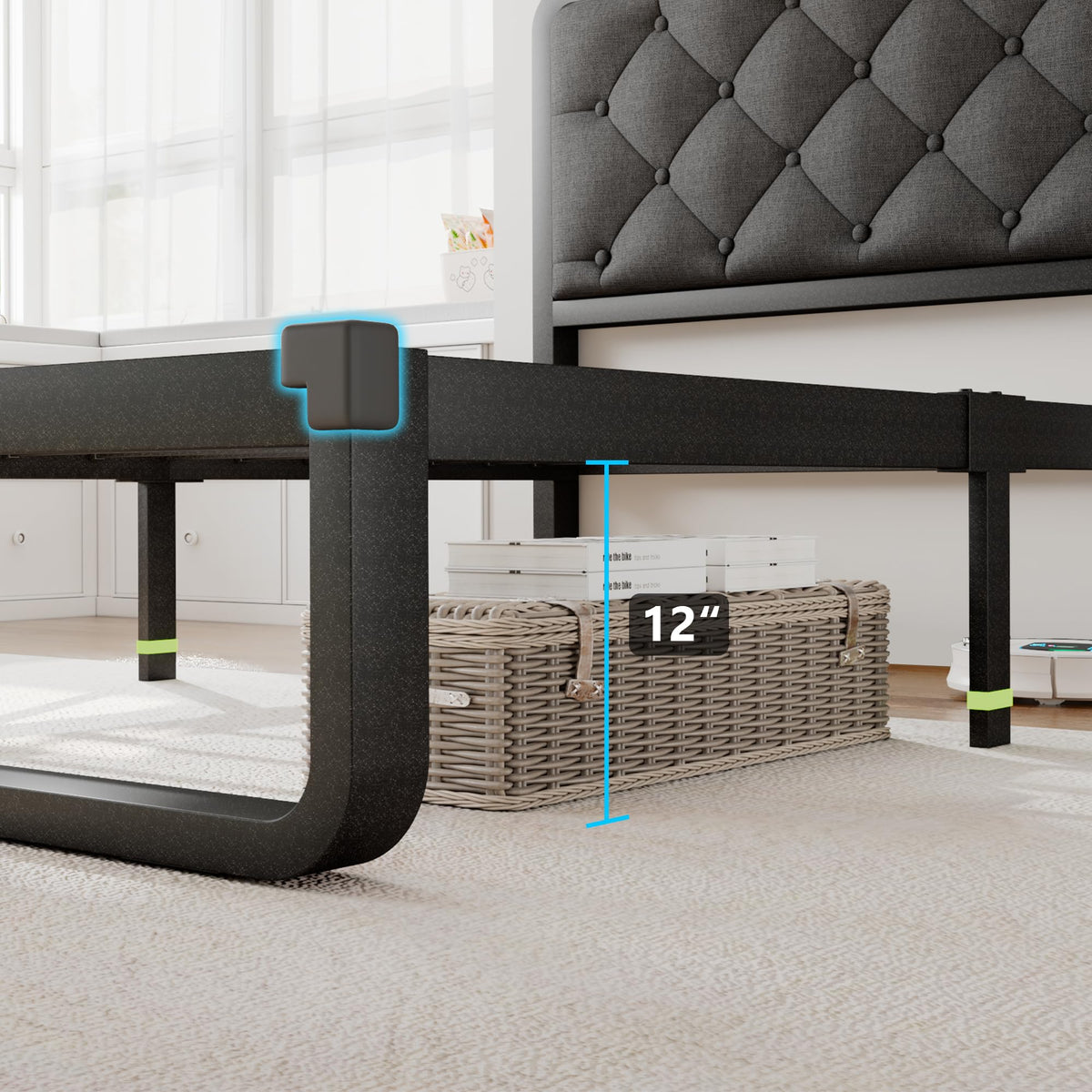 Twin Metal Platform Bed Frame with Linen Upholstered Headboard B340